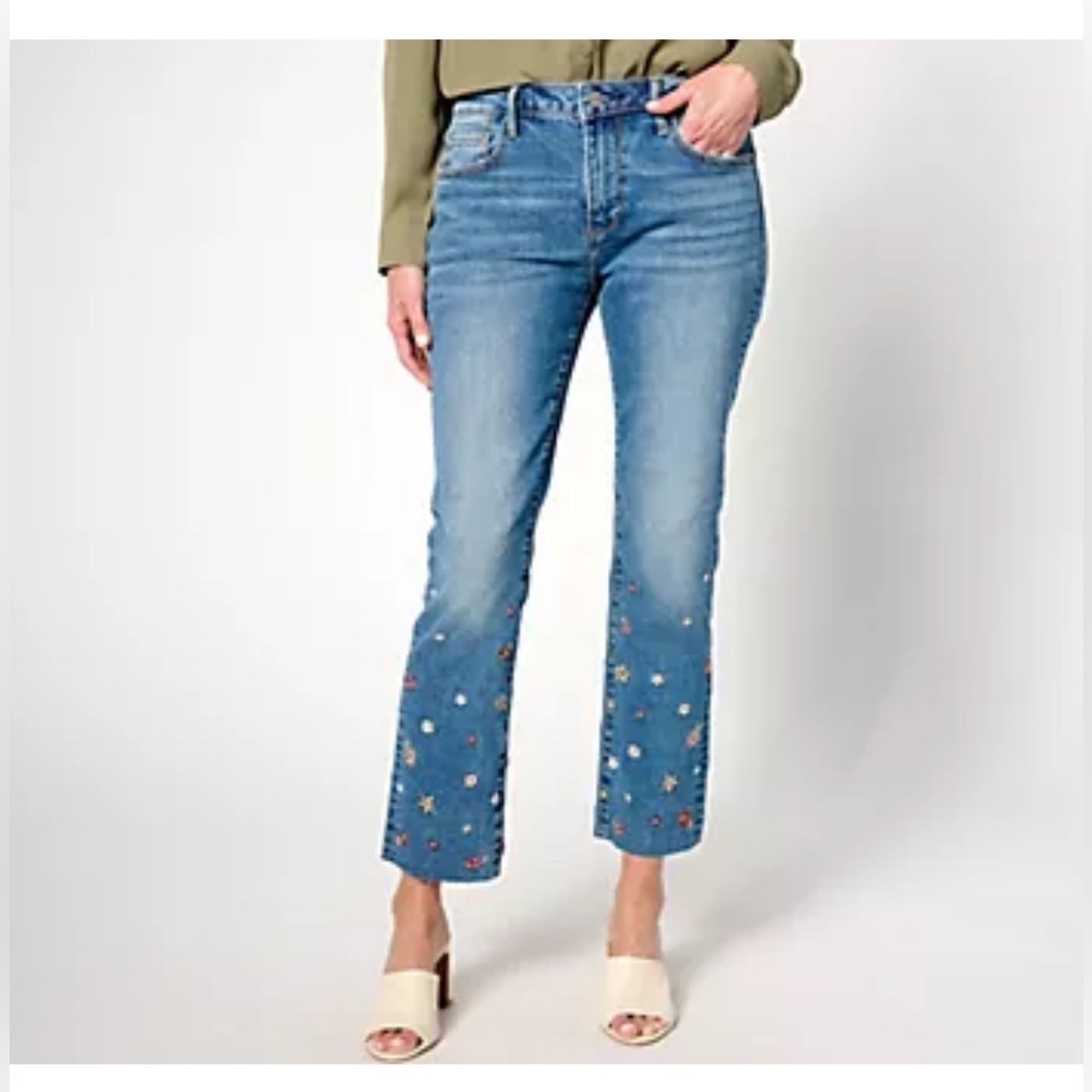 DRIFTWOOD Colette Embroidered Cropped Straight Leg Jeans Prairie Flowers 31 12